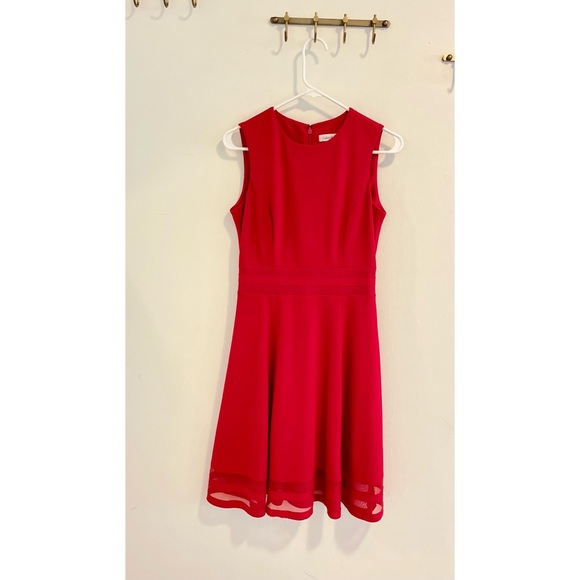 Illusion-trim red fitted & flare dress. - Picture 2 of 3